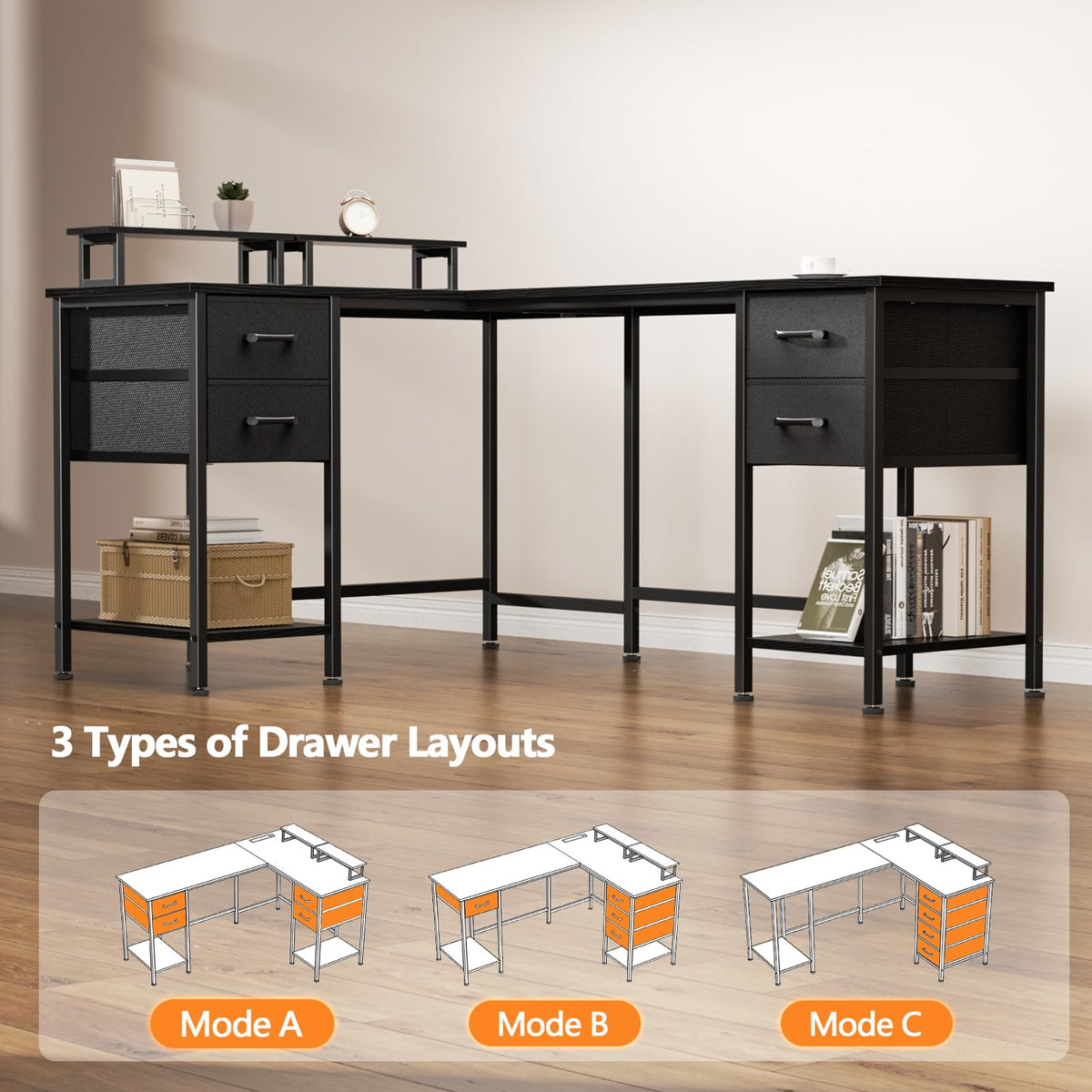 59 inch L Shaped Computer Desk with Power Outlets L308