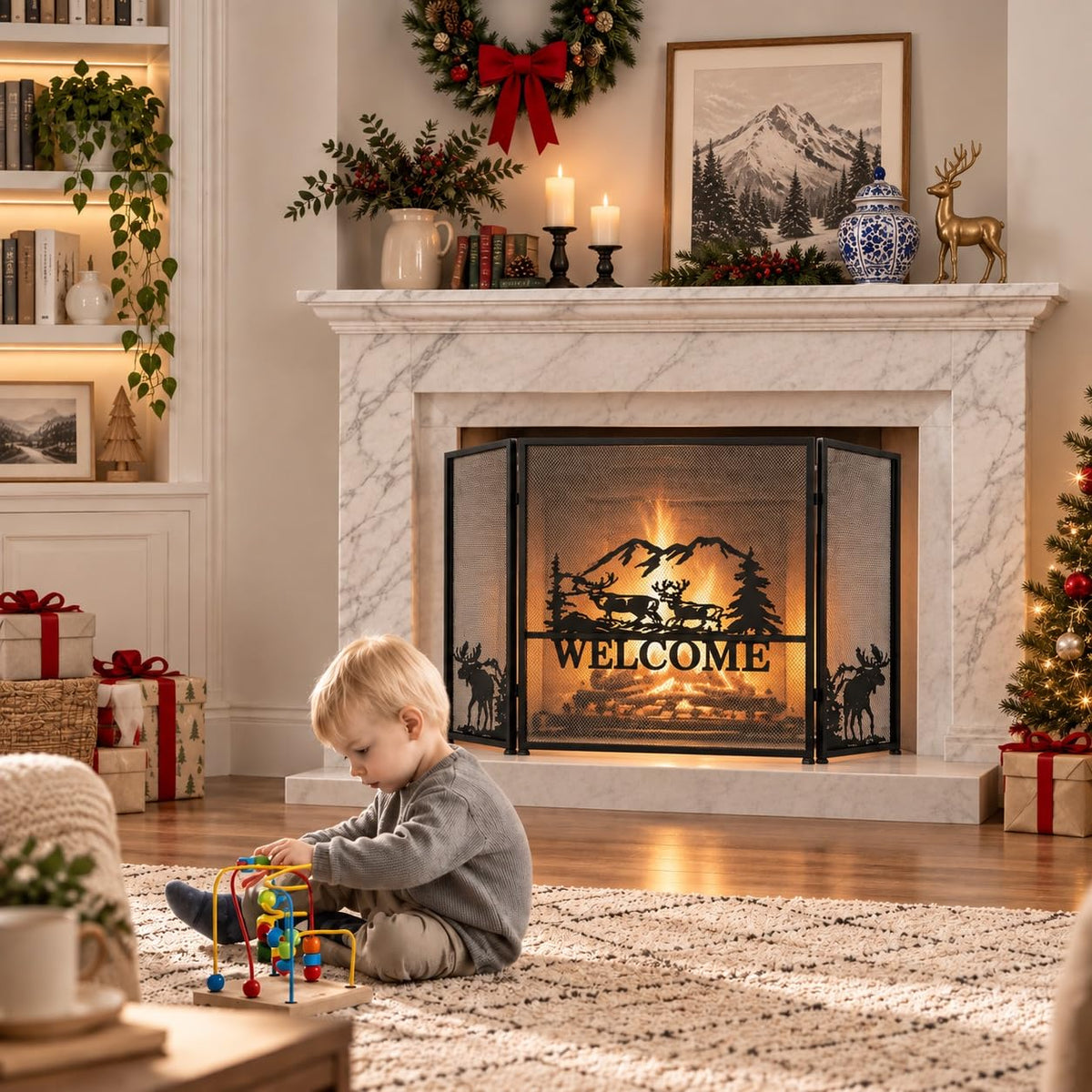 Foldable Fireplace Screen with Moose Pattern Z8053