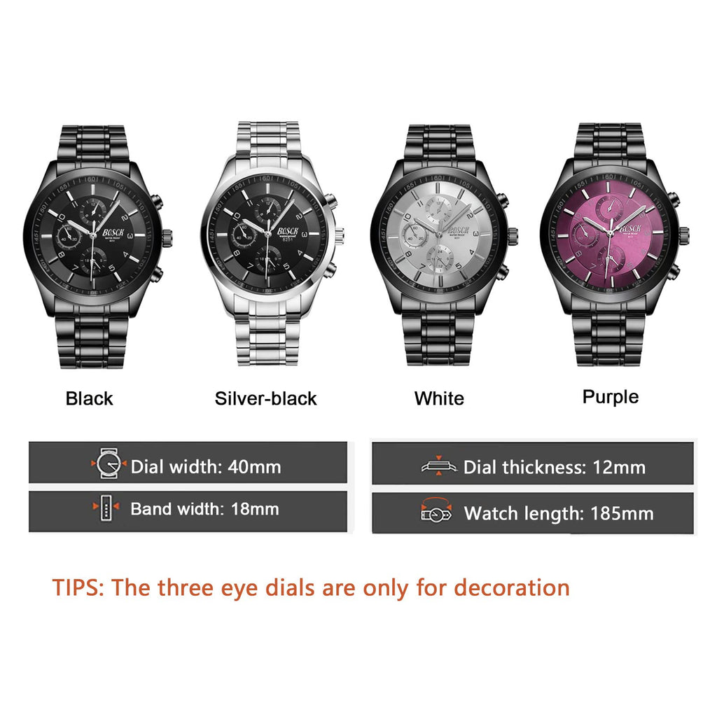 40mm Analog Watch with Auto Date & Day Display, Stainless Steel, 30M Waterproof P500344