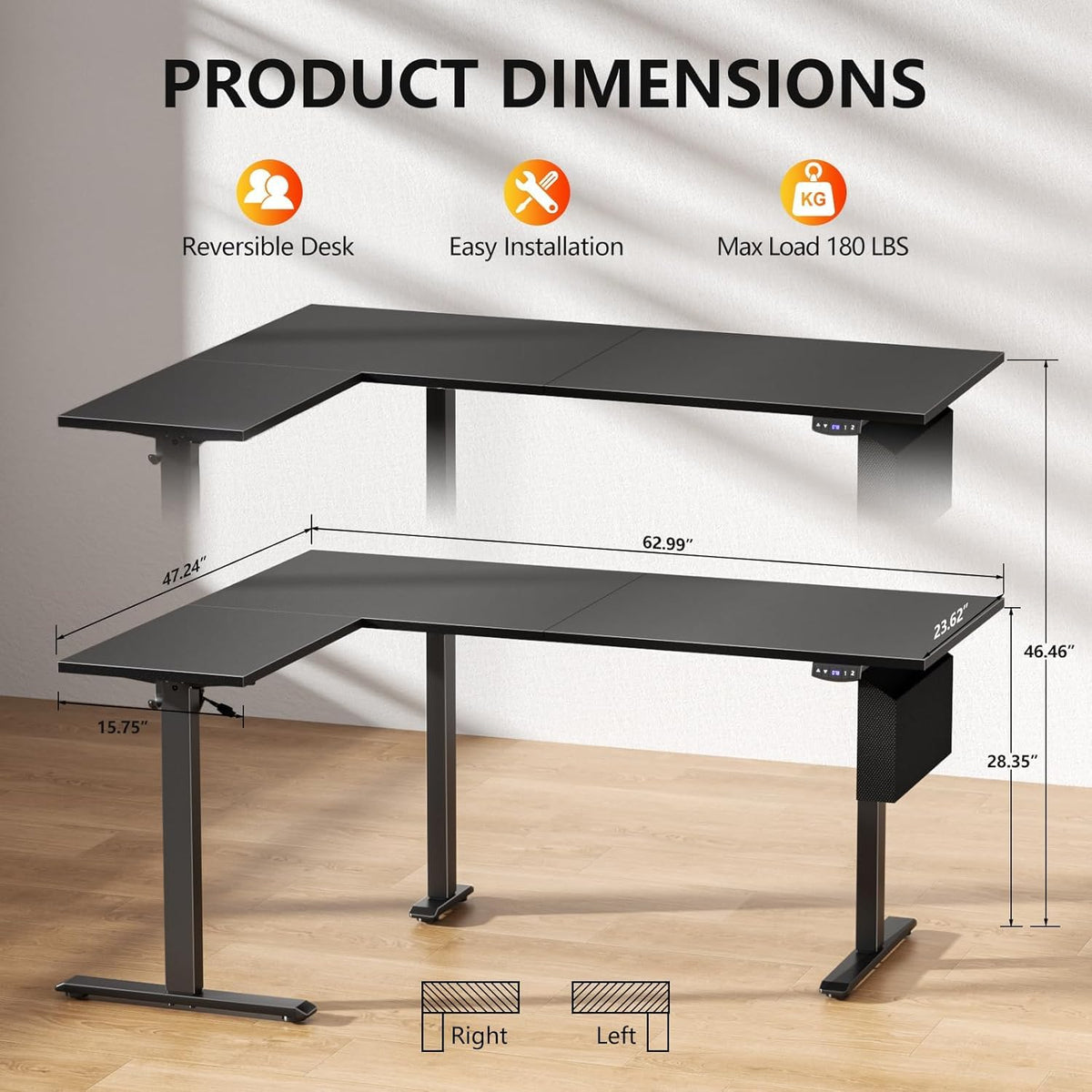 63" L Shaped Height Adjustable Standing Desk U295