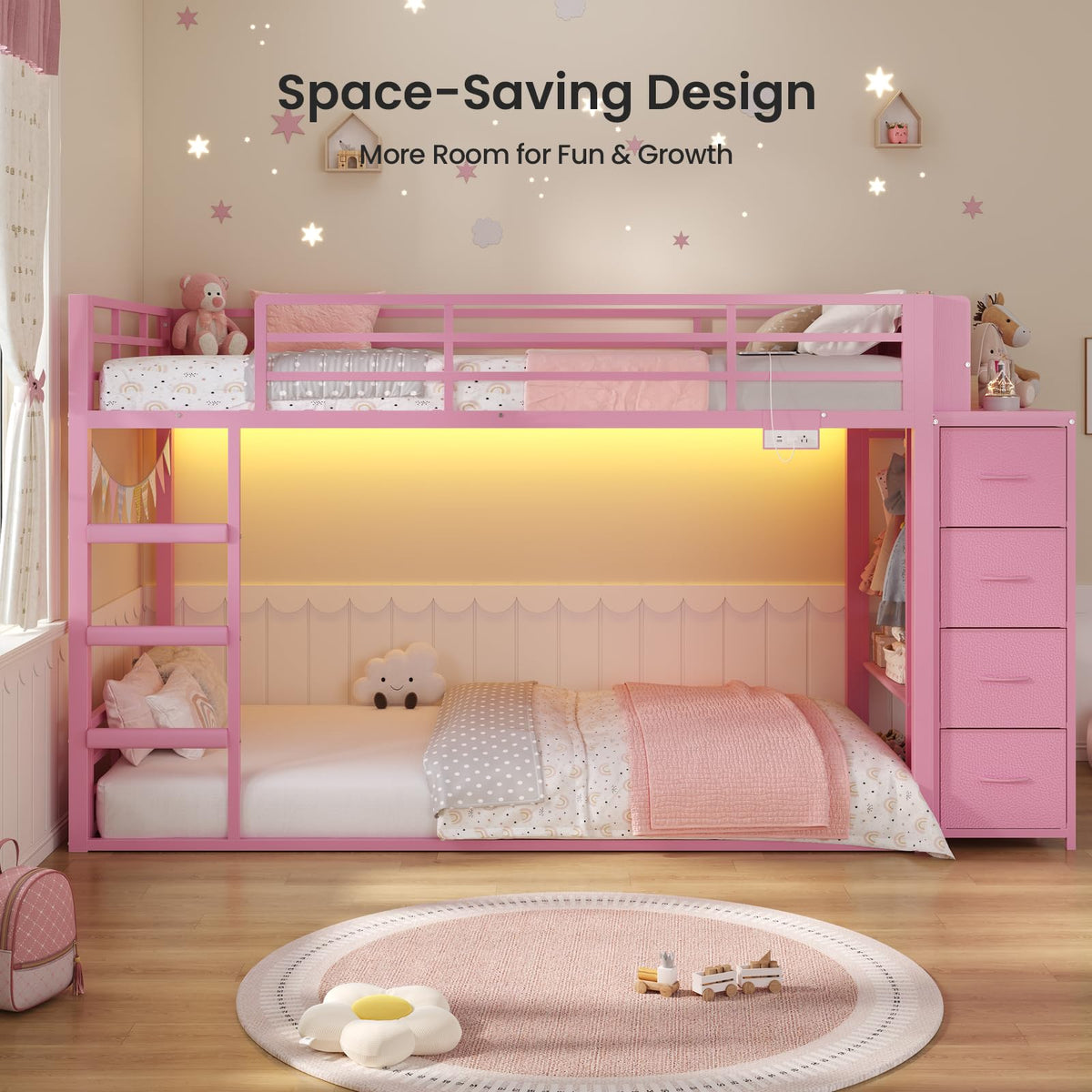 Pink Twin Over Twin Bunk Bed with Bookshelf & Storage Drawer O2541