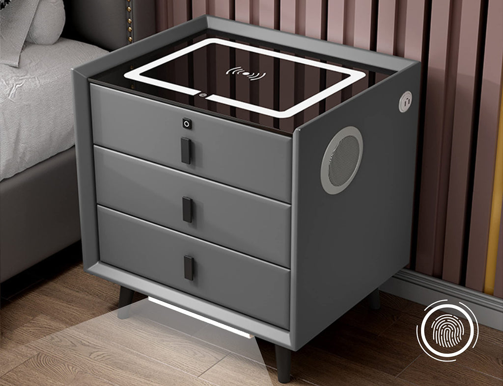 Grey Three Drawers Nightstand with Fingerprint Lock and Wireless Charging U38664