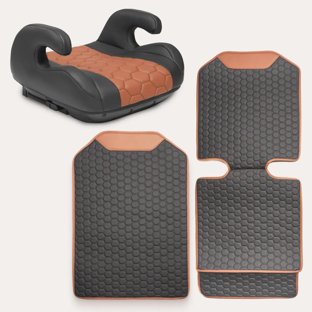 Black-Brown Backless Booster Seat, Waterproof Leather Seat Protector & Kick Mat Set H95743