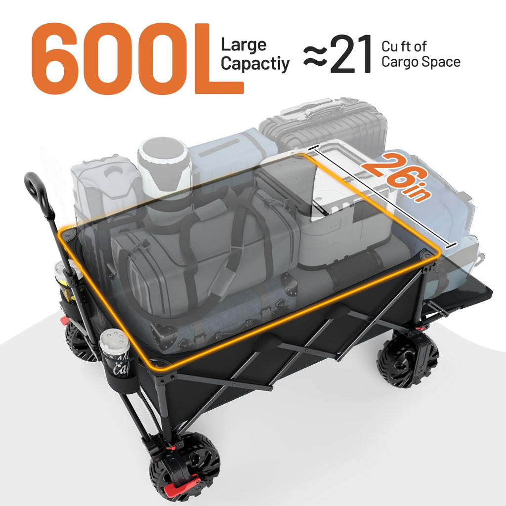26" Extra Wide All Terrain Folding Wagon with Big Wheels, Cargo Net & Tailgate, 400lbs Heavy Duty Collapsible Cart, Black V764