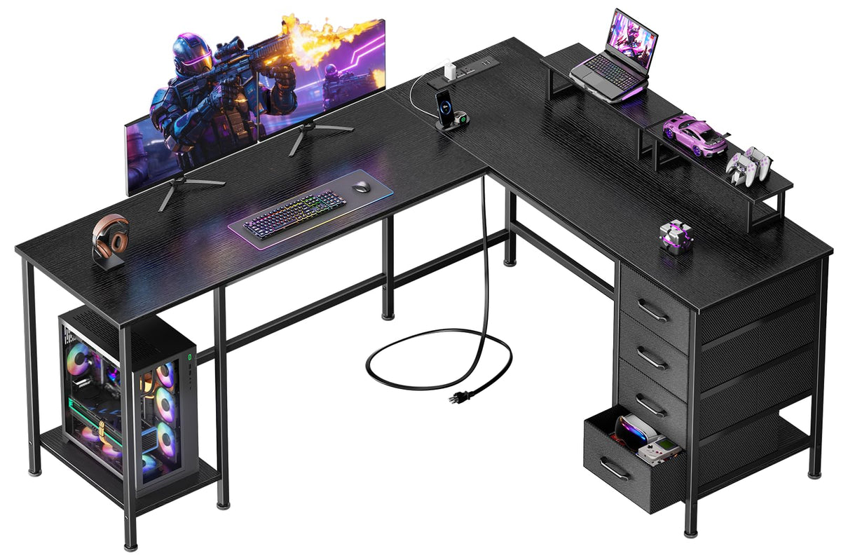 59 inch L Shaped Computer Desk with Power Outlets L308