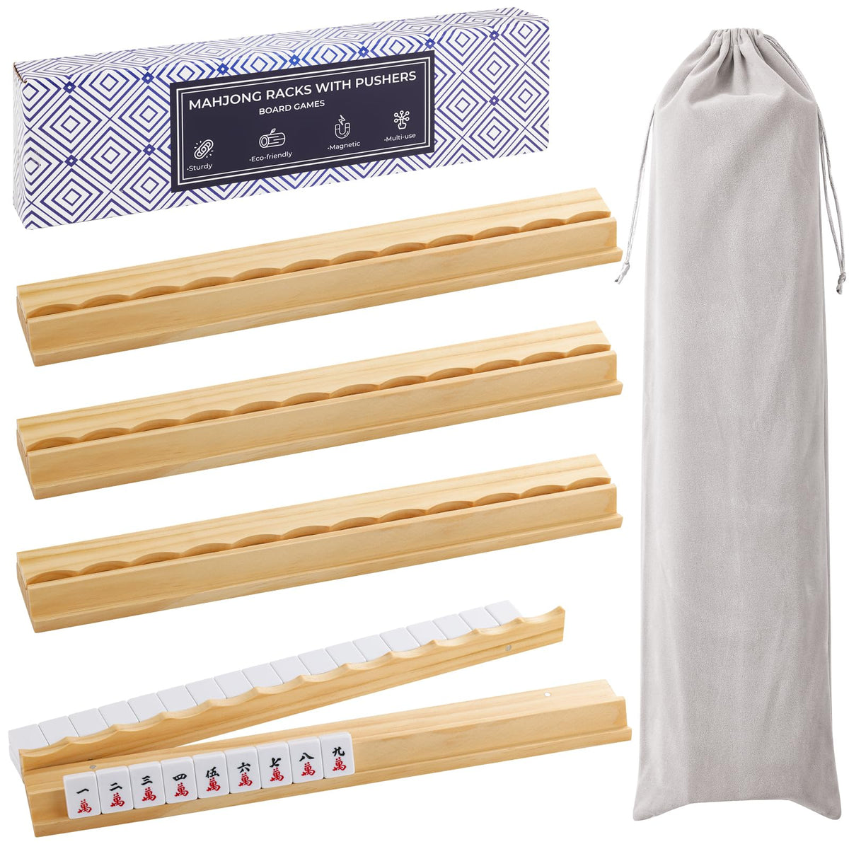 Wooden Mahjong Racks with Magnetic Pushers Set of 4 S8612