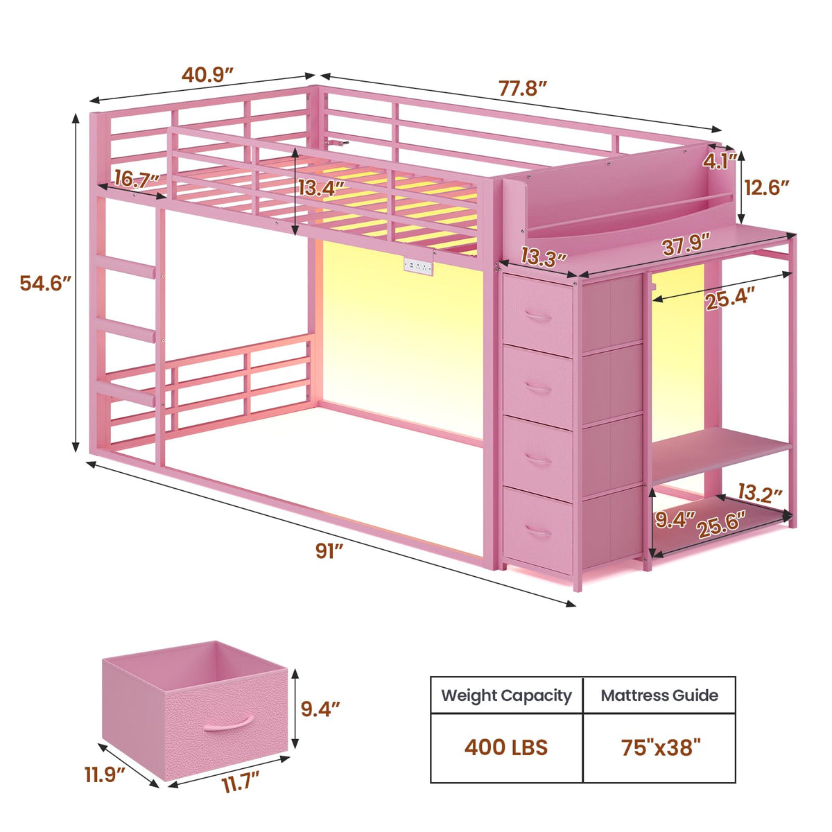 Pink Twin Over Twin Bunk Bed with Bookshelf & Storage Drawer O2541