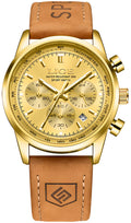 Gold-Tone Quartz Chronograph Watch Brown Leather Strap U607