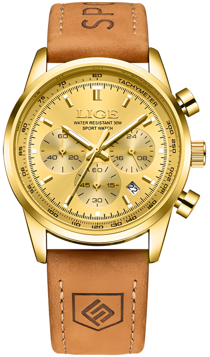 Gold-Tone Quartz Chronograph Watch Brown Leather Strap U607