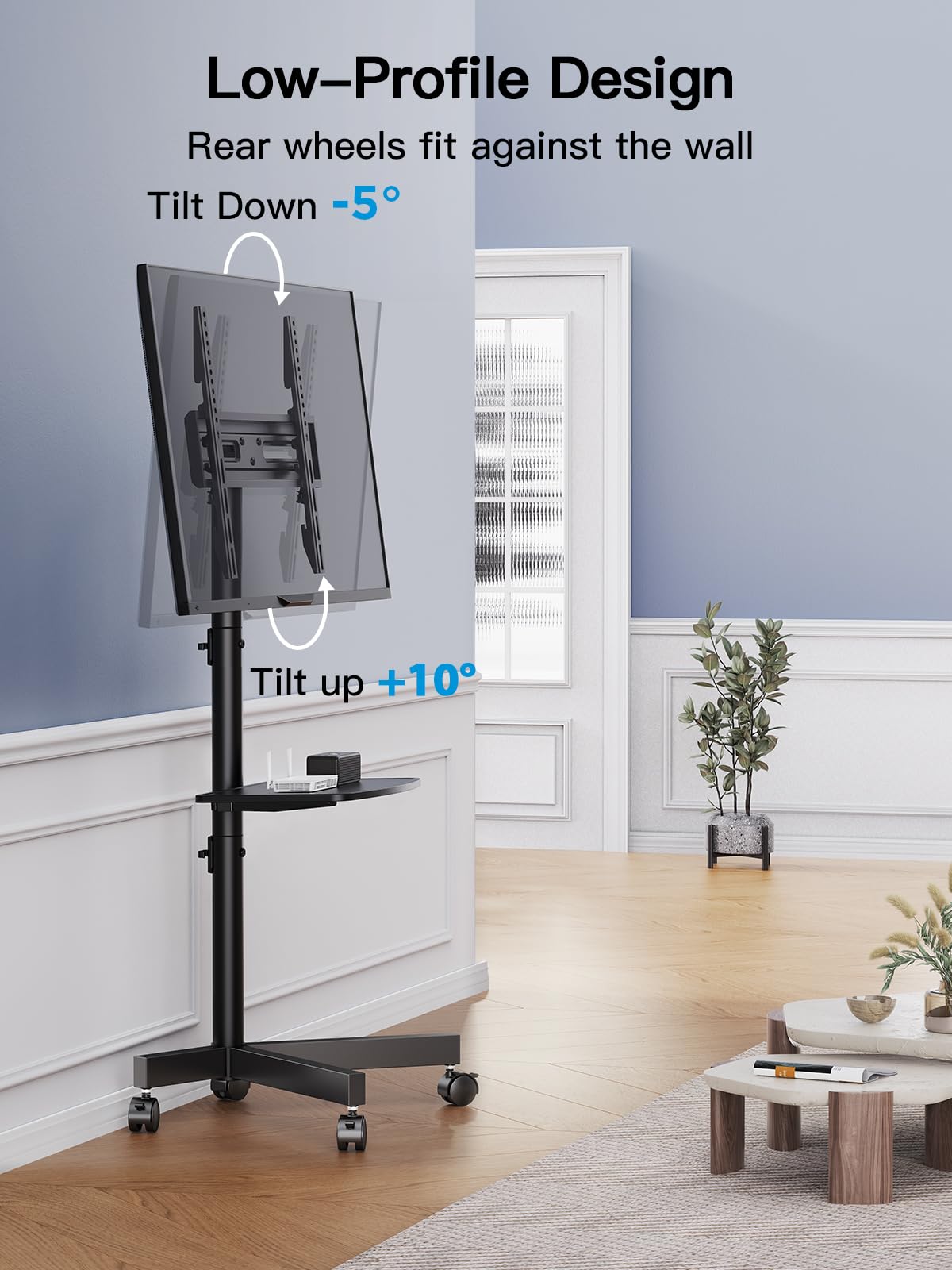 Rolling TV Stand on Wheels for 23-65 Inch TVs, Tilt Mobile TV Cart Holds up to 99 lbs with Adjustable Height Shelf T800