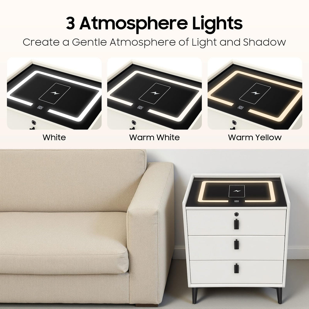 Beige 3 Drawer Smart Nightstand with Fingerprint Lock Z9239