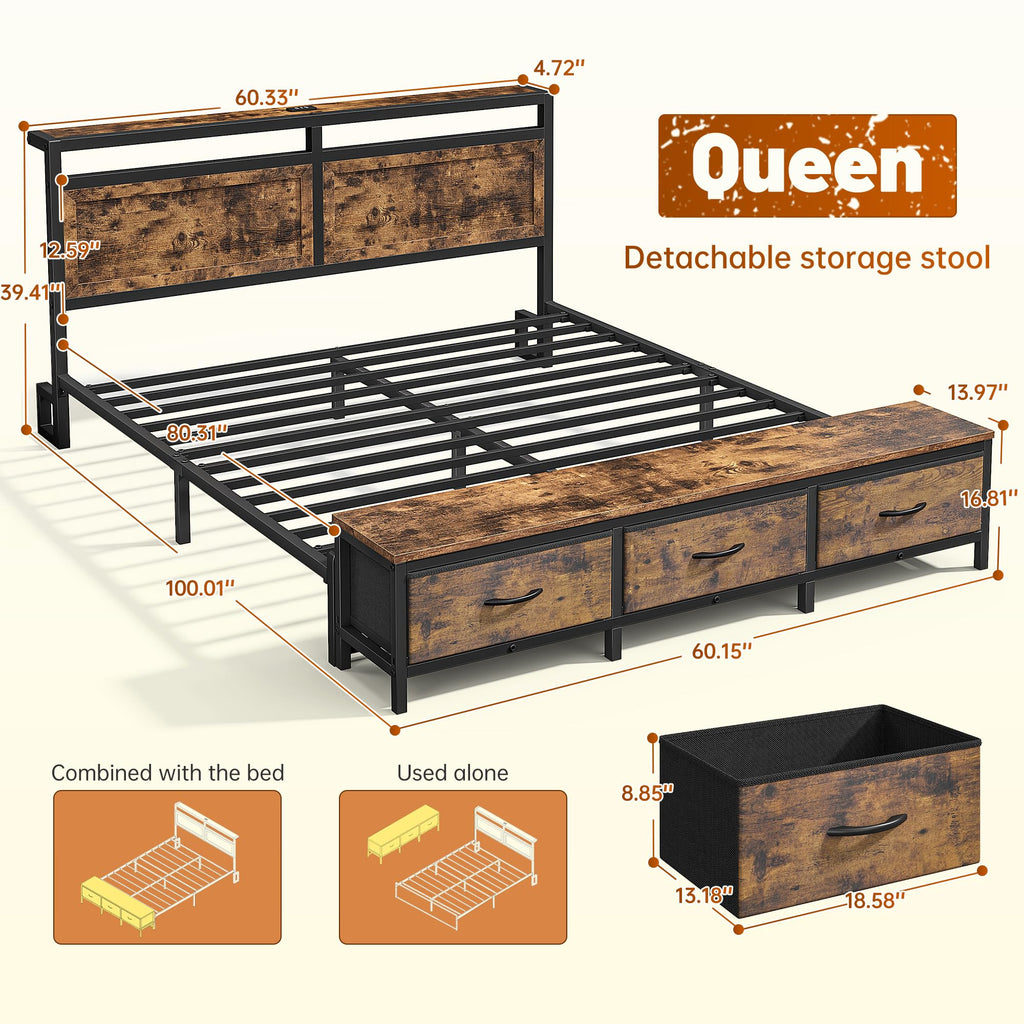 Queen Bed Frame with Ottoman & Charging Station R156669