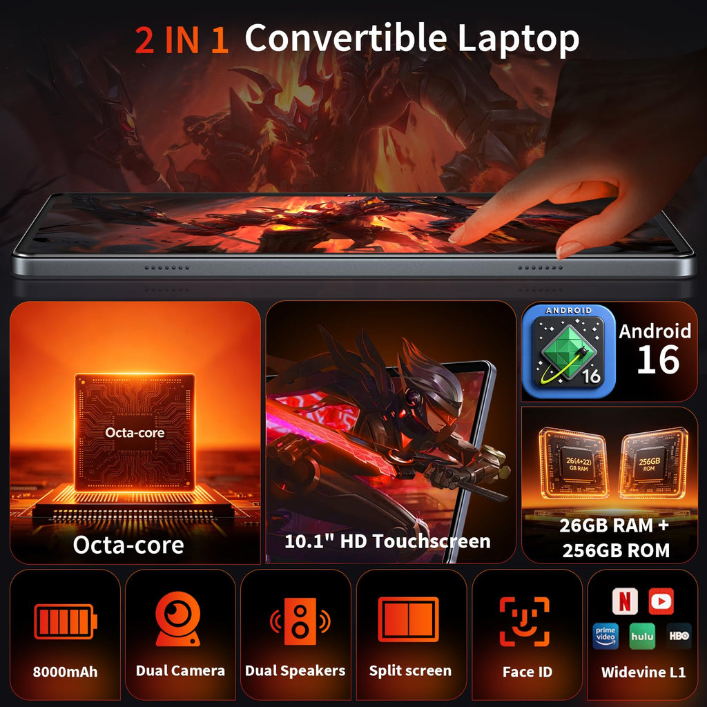Black Android 16 Tablet with Keyboard H2171