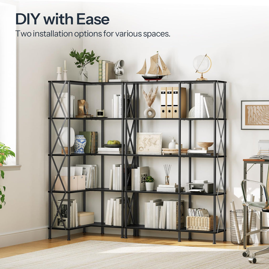 Black 5-Tier L-Shaped Corner Bookshelf O7718