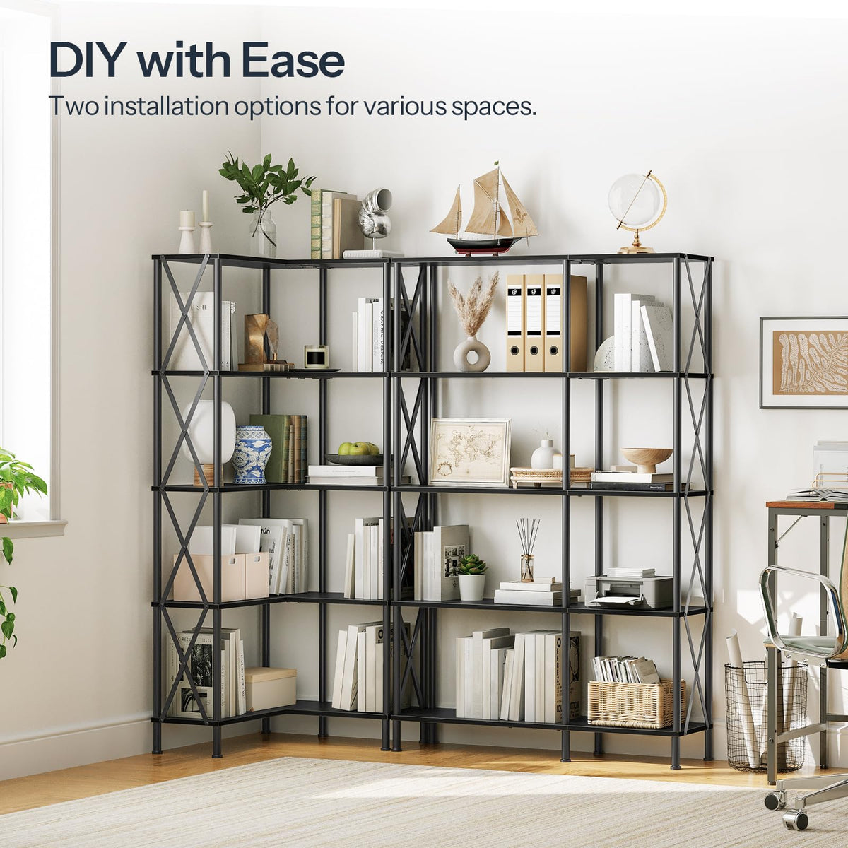 Black 5-Tier L-Shaped Corner Bookshelf O7718