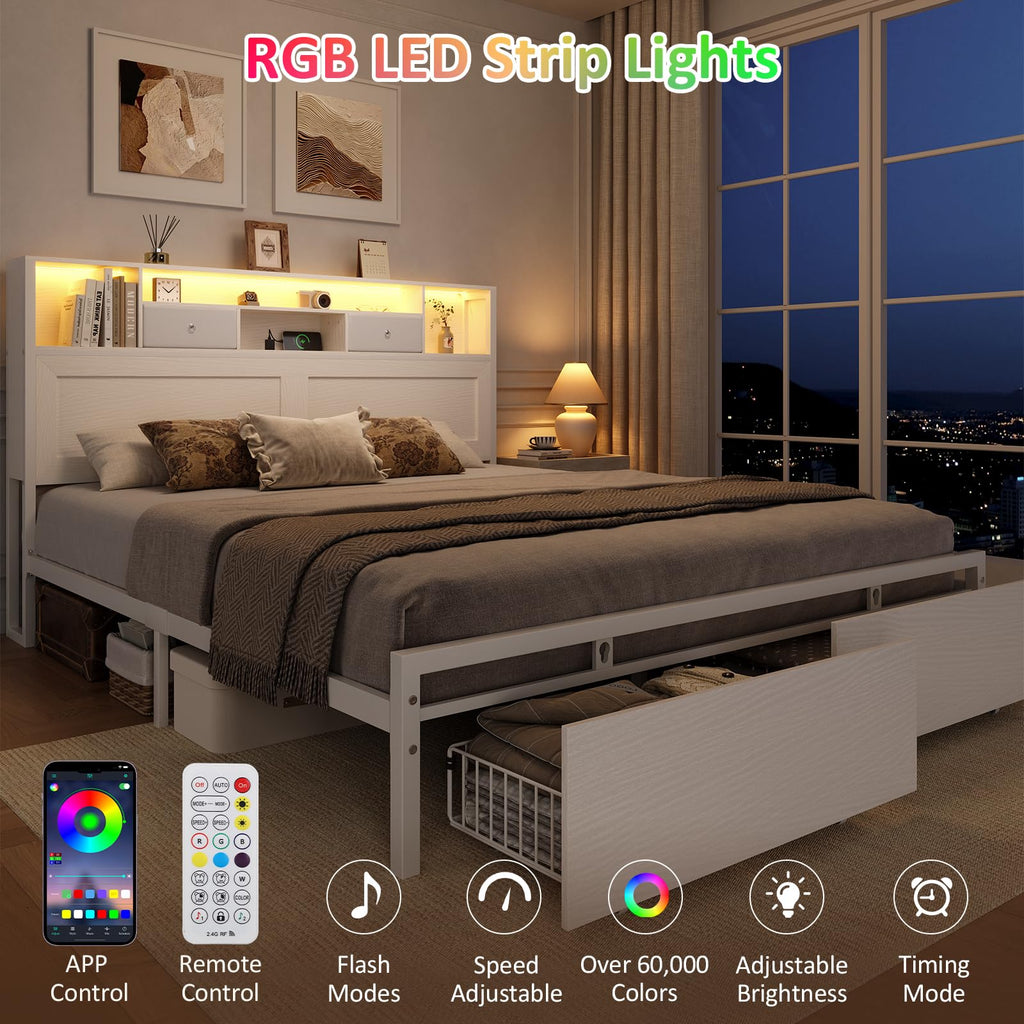 White Full Bed Frame with Storage Headboard and Drawers R51289