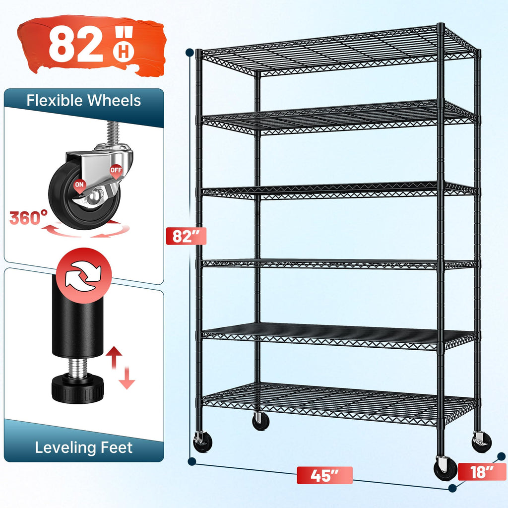 82" 6-Tier Adjustable Storage Shelves with Wheels F6850