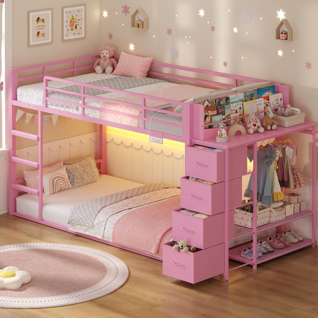 Pink Twin Over Twin Bunk Bed with Bookshelf & Storage Drawer O2541