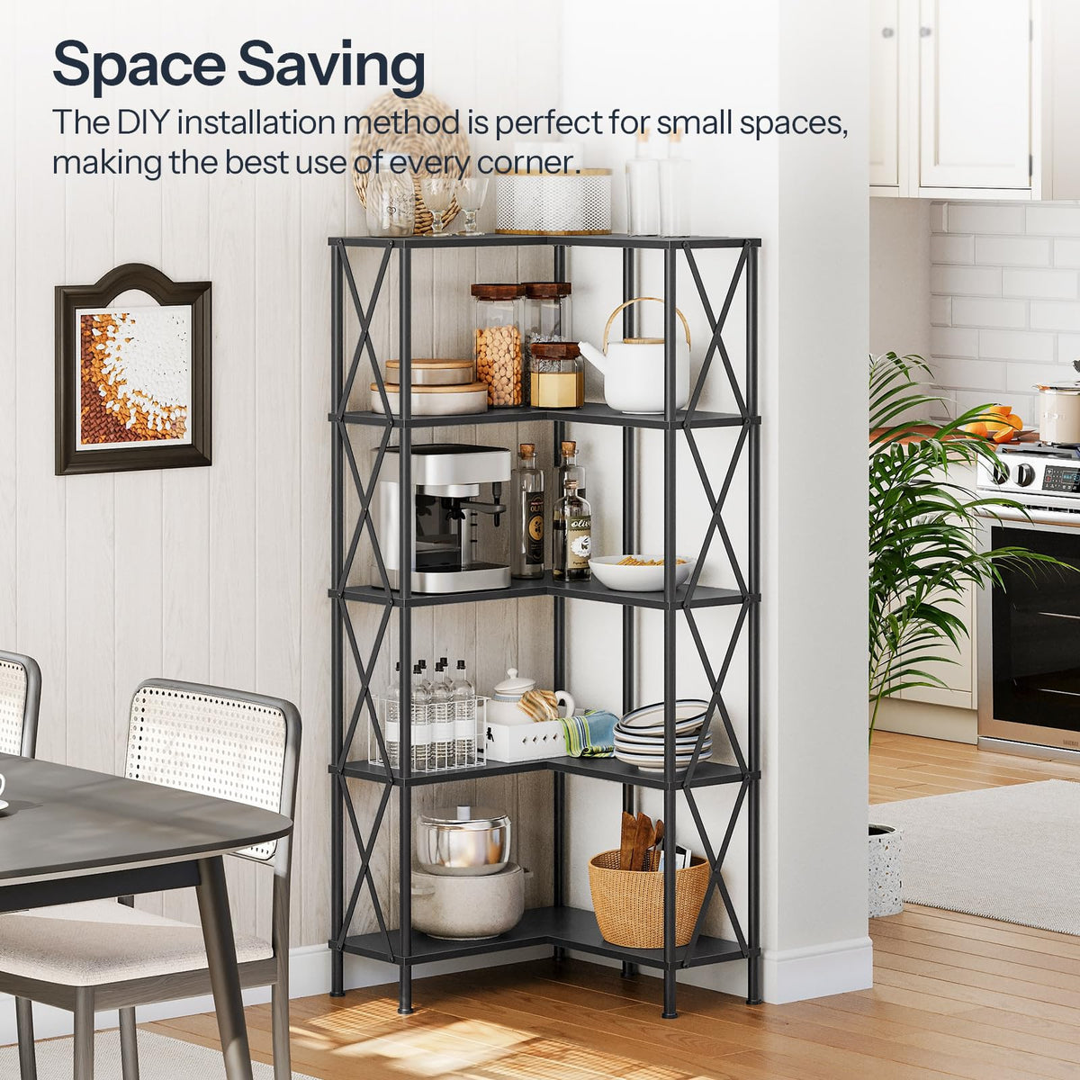 Black 5-Tier L-Shaped Corner Bookshelf O7718