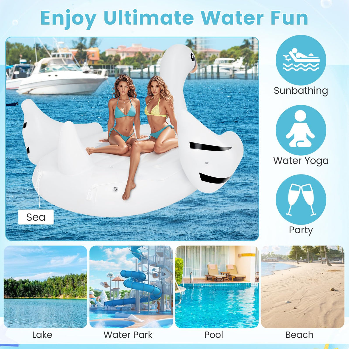 Giant Inflatable Swan Pool Float with 4 Cup Holders J1348