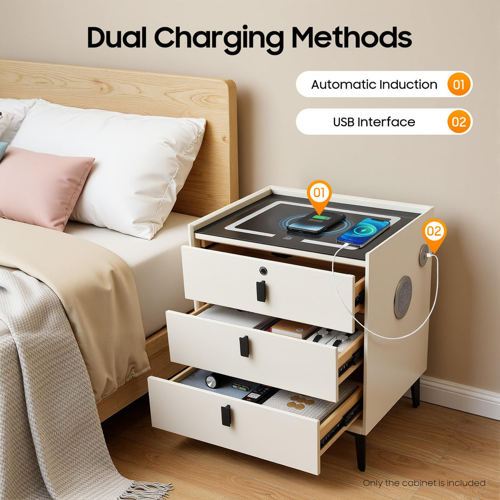Beige 3 Drawer Smart Nightstand with Fingerprint Lock Z9239