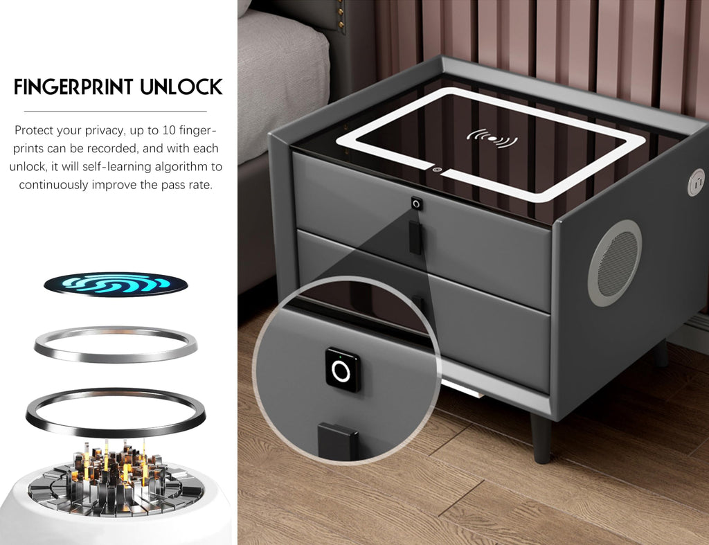 Grey Three Drawers Nightstand with Fingerprint Lock and Wireless Charging U38664
