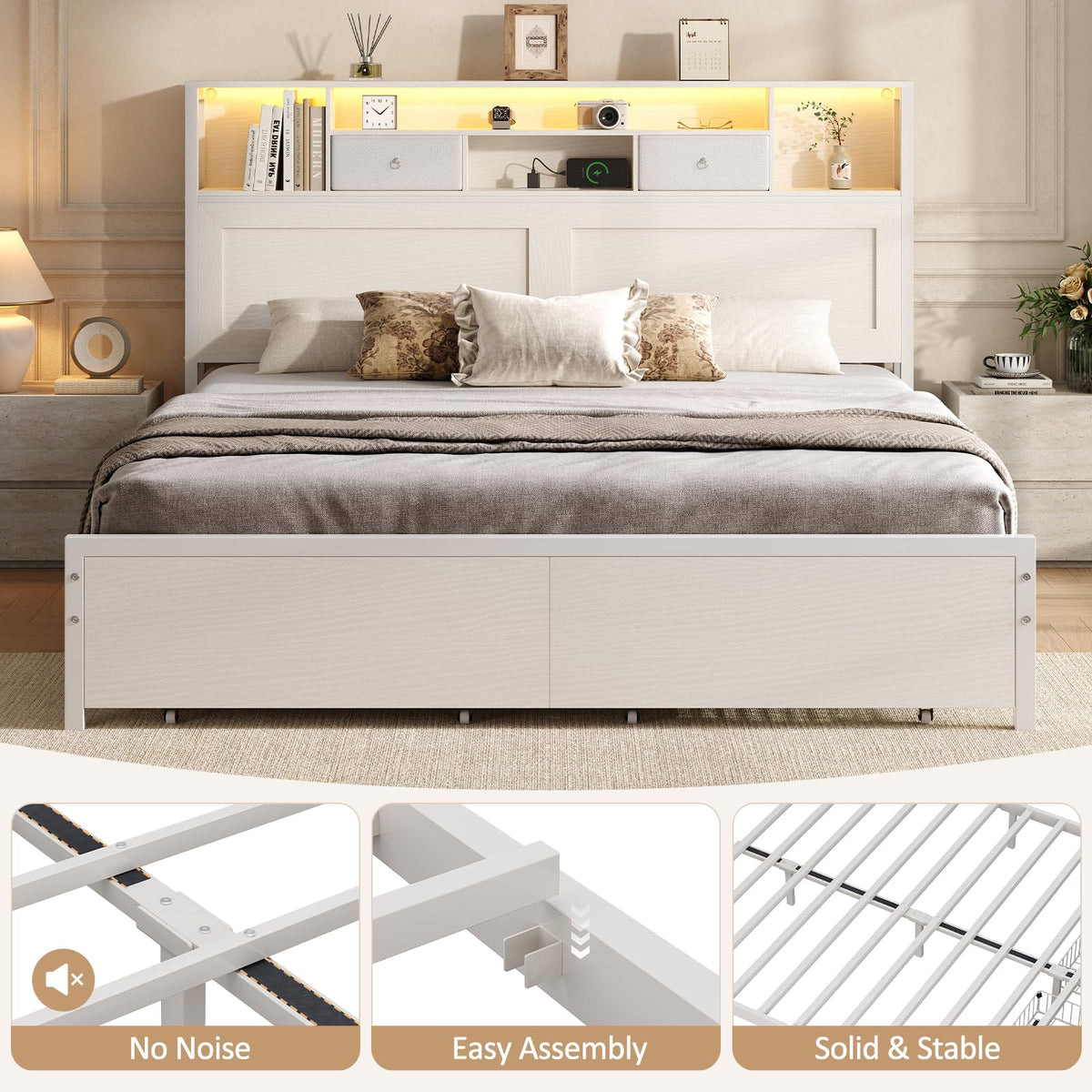 White Full Bed Frame with Storage Headboard and Drawers R51289
