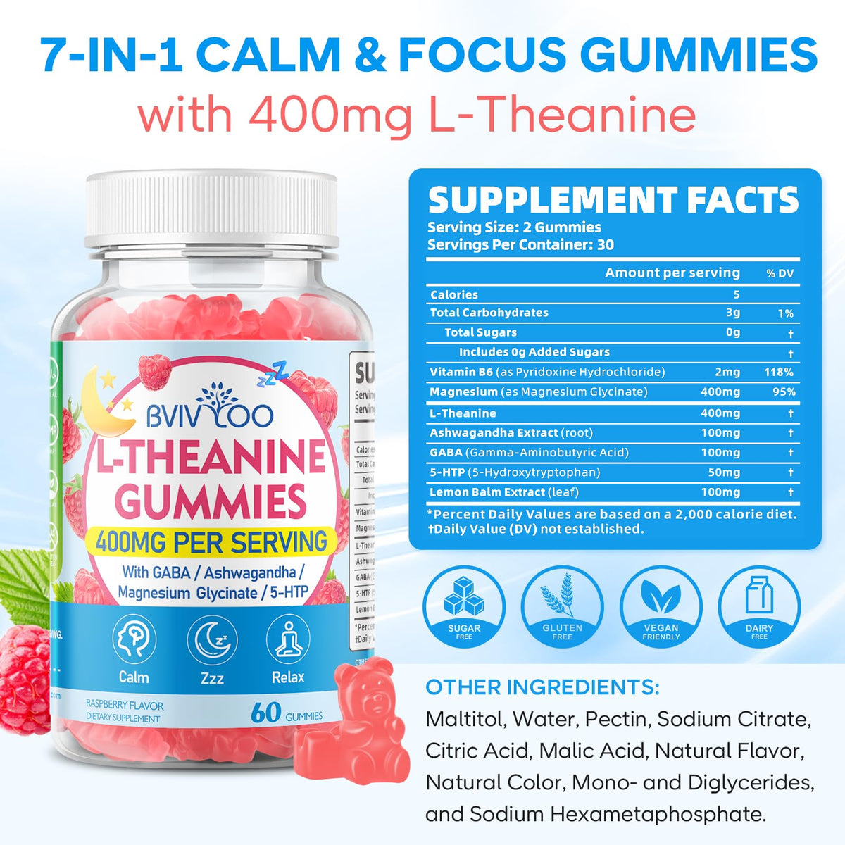 L-Theanine Gummies with Ashwagandha, GABA, 5-HTP, Magnesium Glycinate, Raspberry, 60 Count S5995