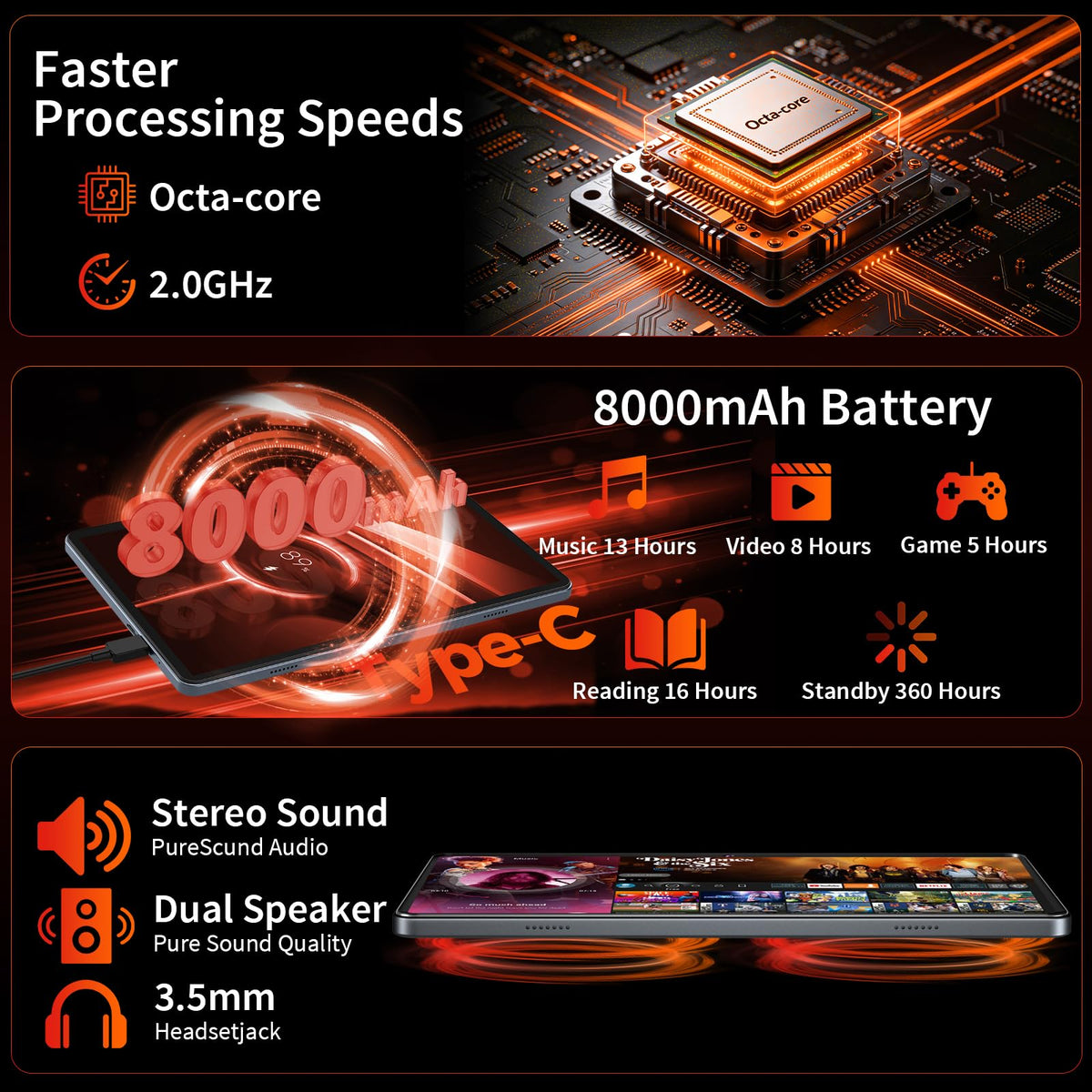Black Android 16 Tablet with Keyboard H2171
