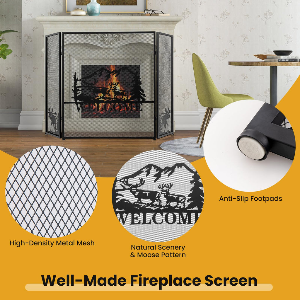 Foldable Fireplace Screen with Moose Pattern Z8053