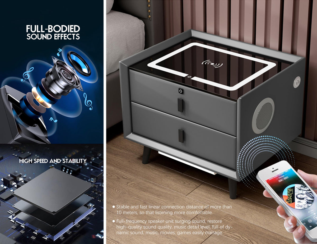 Grey Three Drawers Nightstand with Fingerprint Lock and Wireless Charging U38664