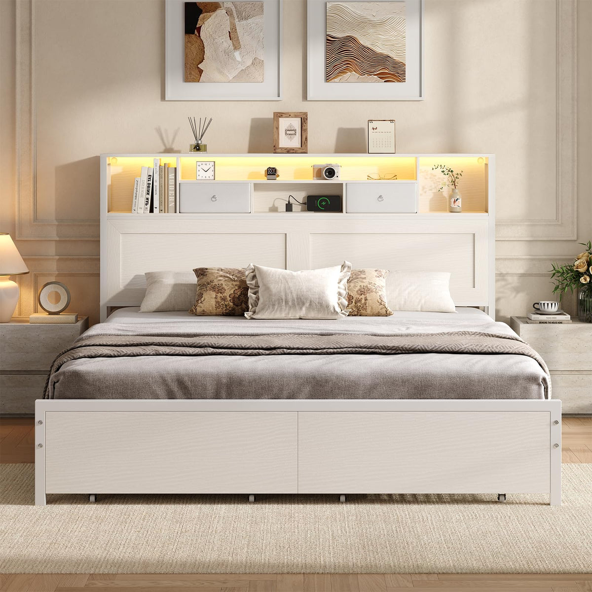 White Full Bed Frame with Storage Headboard and Drawers R51289