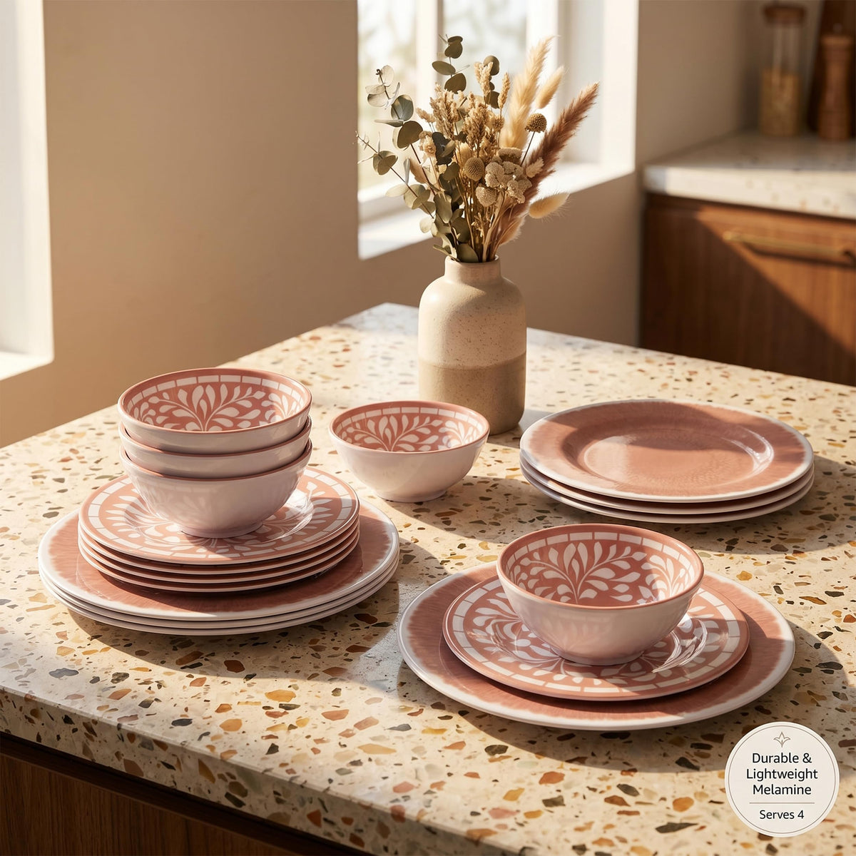 12 Pcs Light Pink Melamine Dinnerware Set H753369