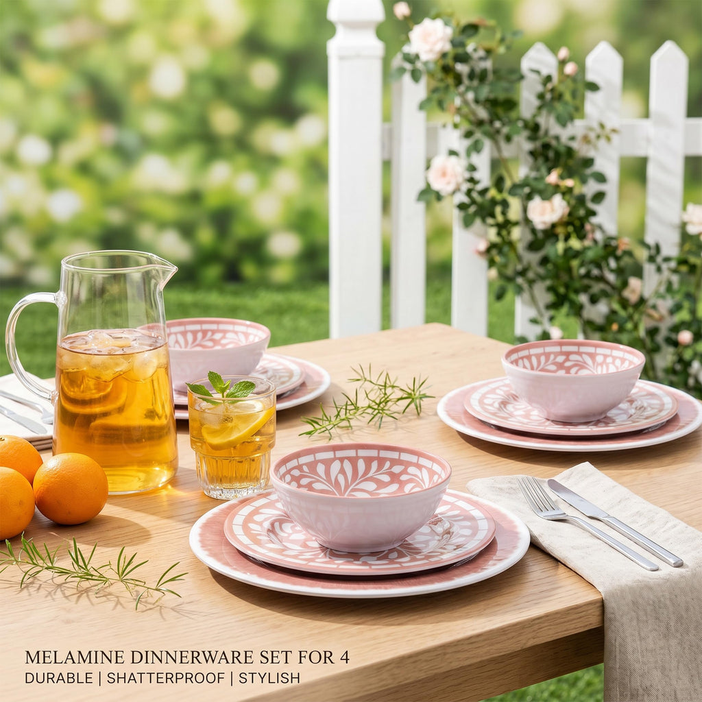 12 Pcs Light Pink Melamine Dinnerware Set H753369