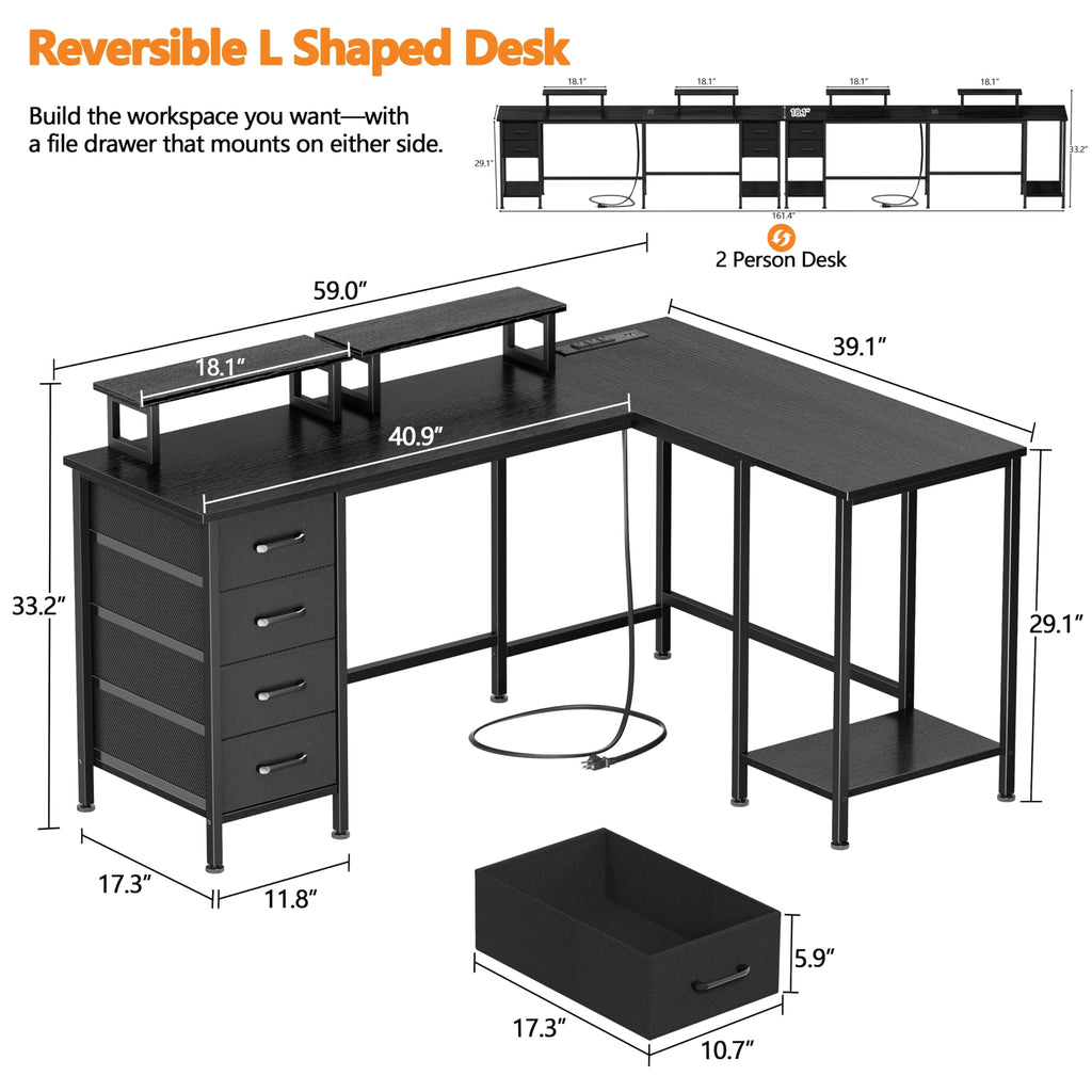 59 inch L Shaped Computer Desk with Power Outlets L308
