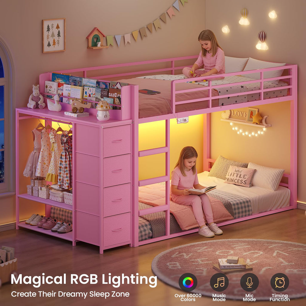 Pink Twin Over Twin Bunk Bed with Bookshelf & Storage Drawer O2541