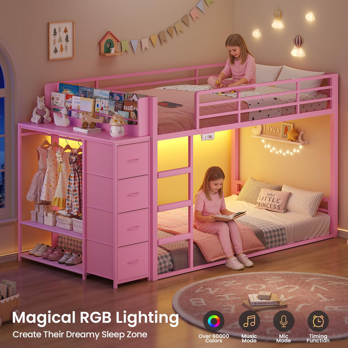 Pink Twin Over Twin Bunk Bed with Bookshelf & Storage Drawer O2541