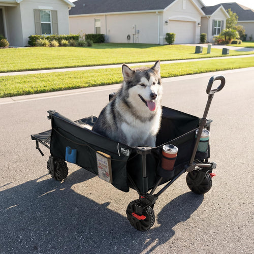 26" Extra Wide All Terrain Folding Wagon with Big Wheels, Cargo Net & Tailgate, 400lbs Heavy Duty Collapsible Cart, Black V764