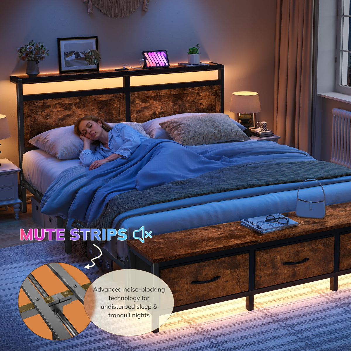 Queen Bed Frame with Ottoman & Charging Station R156669