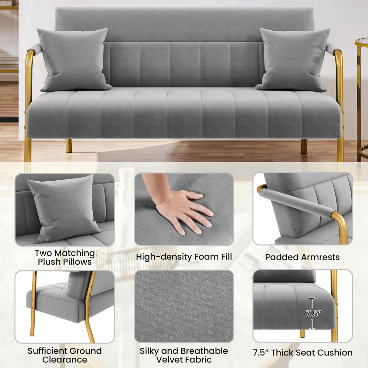 Light Gray 2 Seater Sofa with Gold-Tone Legs V572147