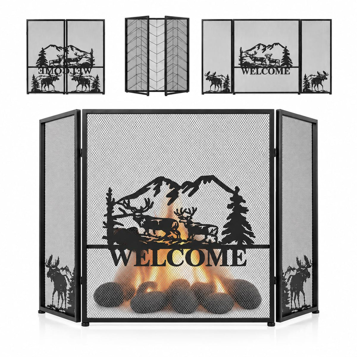 Foldable Fireplace Screen with Moose Pattern Z8053