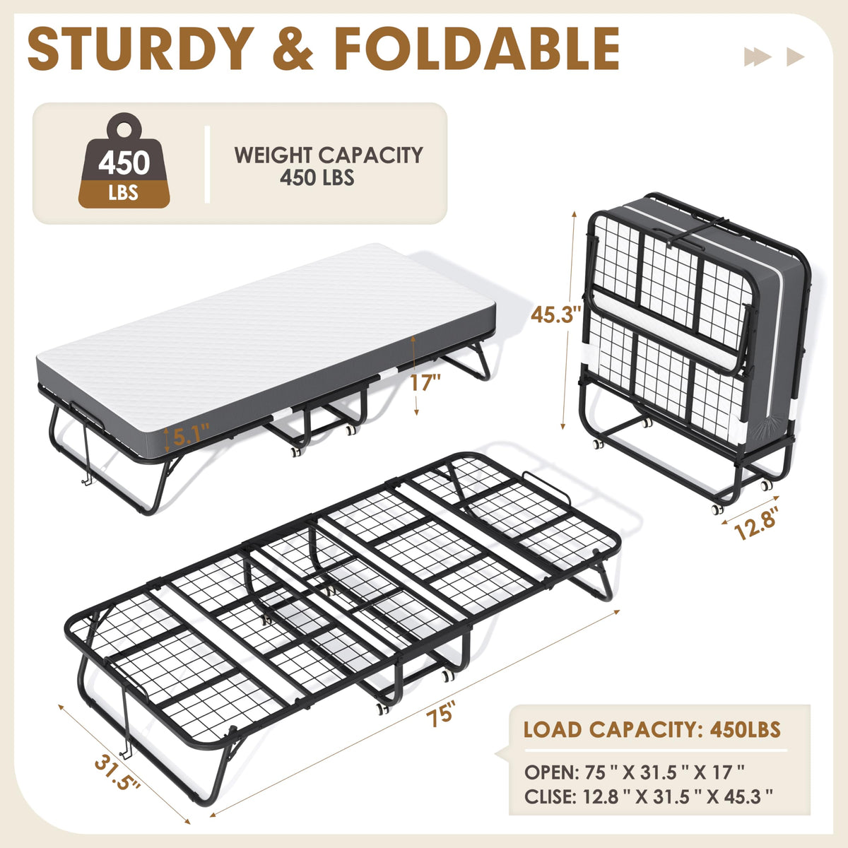 Folding Bed with Mattress, Portable Roll Away Bed, 75" x 31" G796793