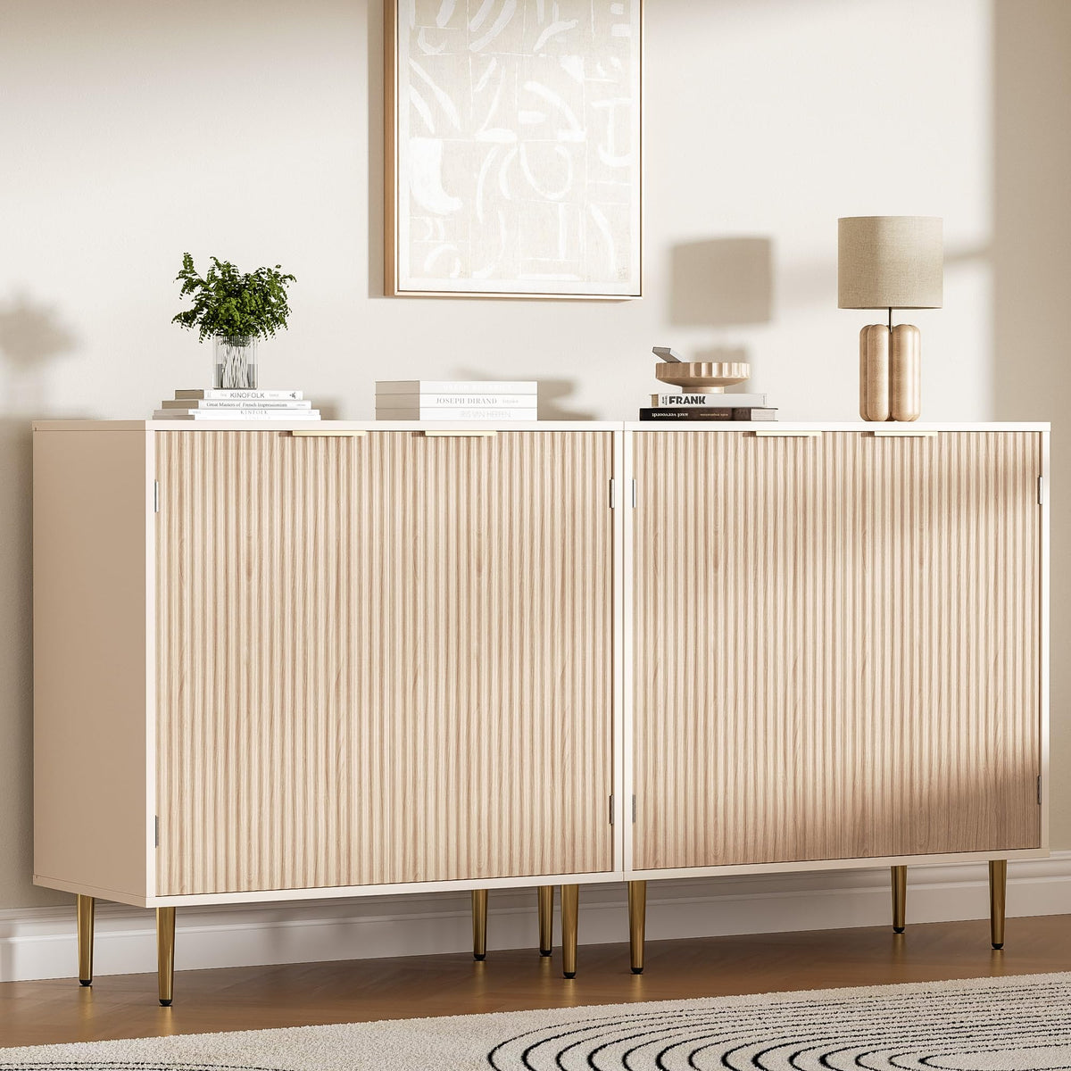Oak Fluted Sideboard Storage Cabinet with 2 Doors W6393