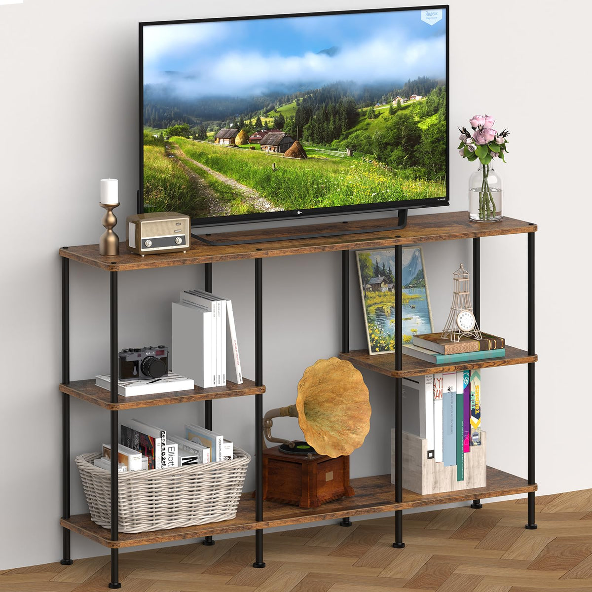 Brown 3 Tier Wood TV Stand with Storage Shelf T340000
