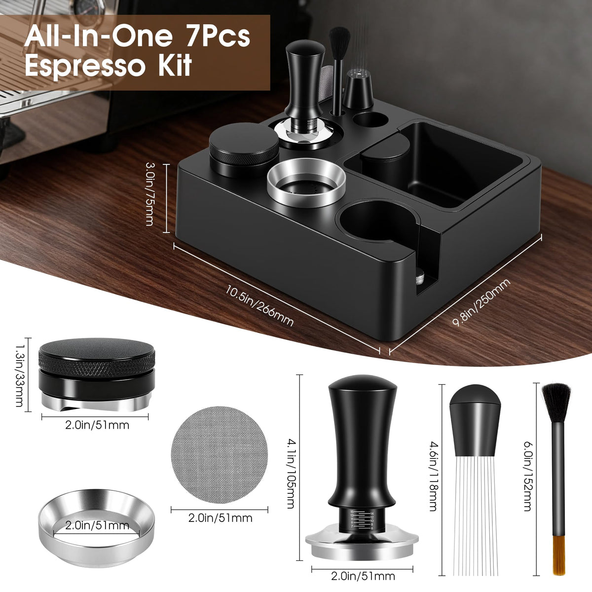 51mm Espresso Accessories Kit, Tamping Station, Knock Box, Tamper Q398