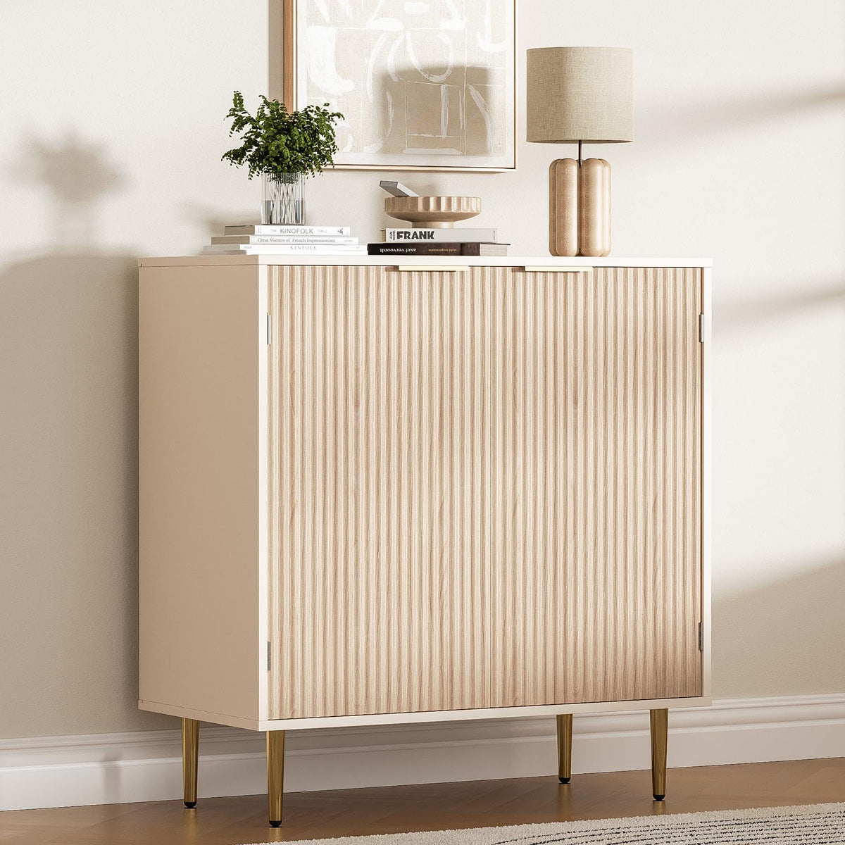 Oak Fluted Sideboard Storage Cabinet with 2 Doors W6393