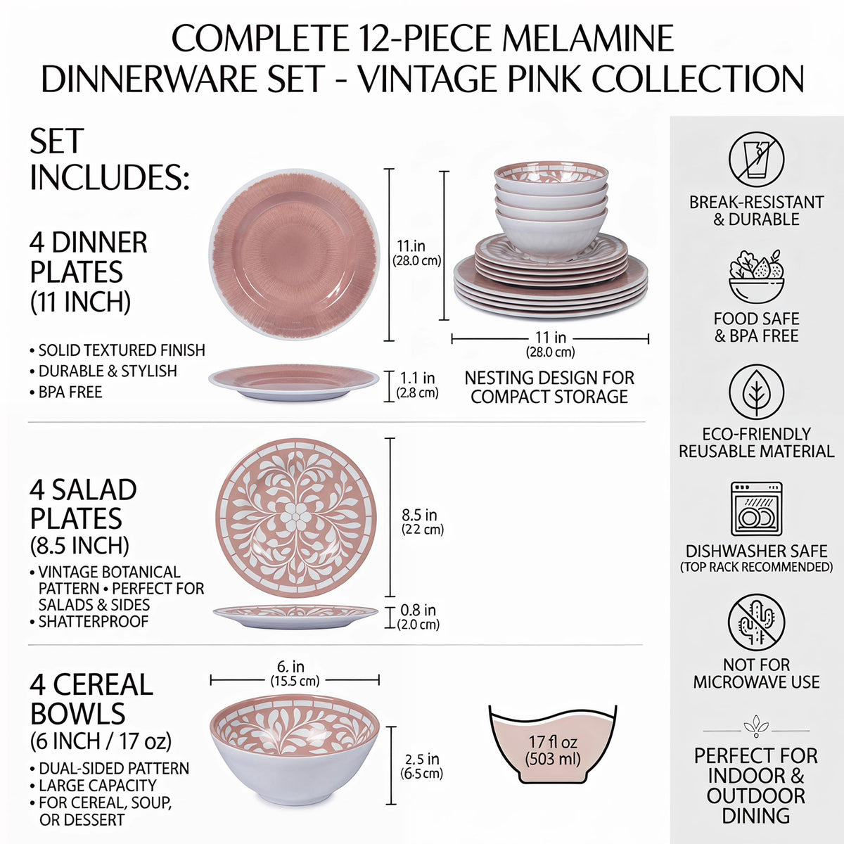 12 Pcs Light Pink Melamine Dinnerware Set H753369