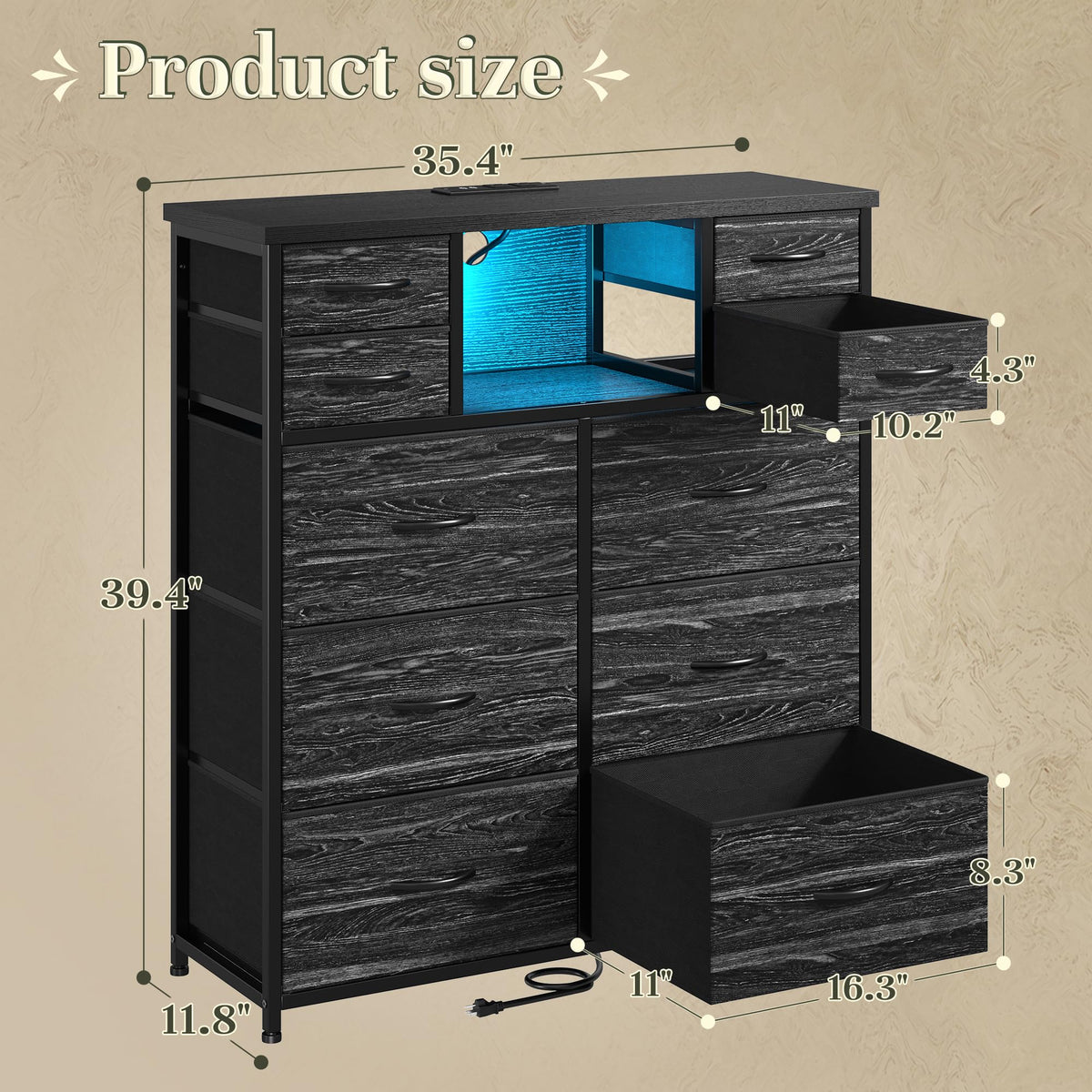 Black 10 Drawer Dresser with Charging Station Y583554
