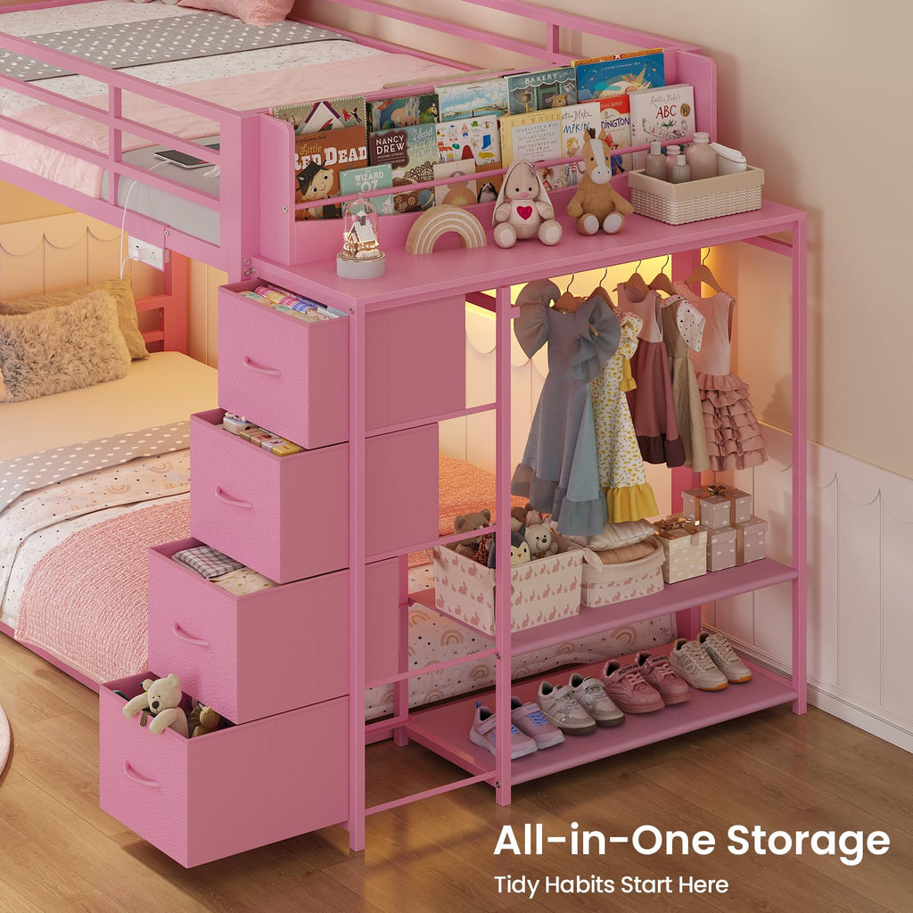 Pink Twin Over Twin Bunk Bed with Bookshelf & Storage Drawer O2541