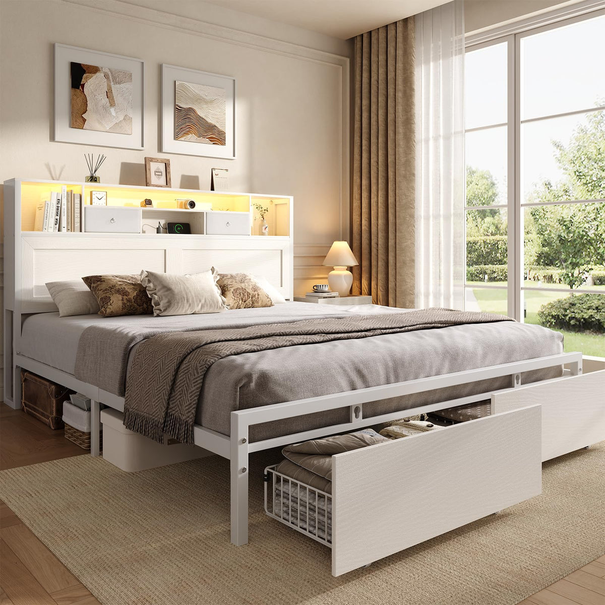 White Full Bed Frame with Storage Headboard and Drawers R51289